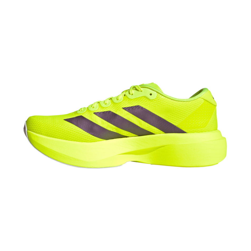 Medial view of the right shoe from a pair of adidas Men's Adizero EVO SL Woven Running Shoes in the Solar Yellow/Aurora Plum/Powder Plum colourway.