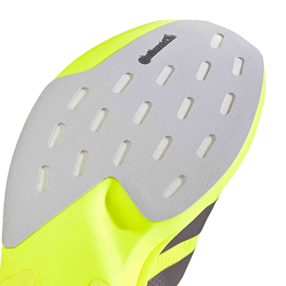 The forefoot section of the right shoe from a pair of adidas Men's Adizero EVO SL Woven Running Shoes in the Solar Yellow/Aurora Plum/Powder Plum colourway.