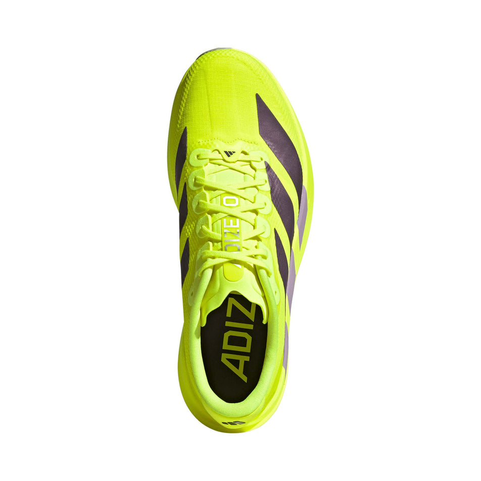 The upper of the right shoe from a pair of adidas Men's Adizero EVO SL Woven Running Shoes in the Solar Yellow/Aurora Plum/Powder Plum colourway.