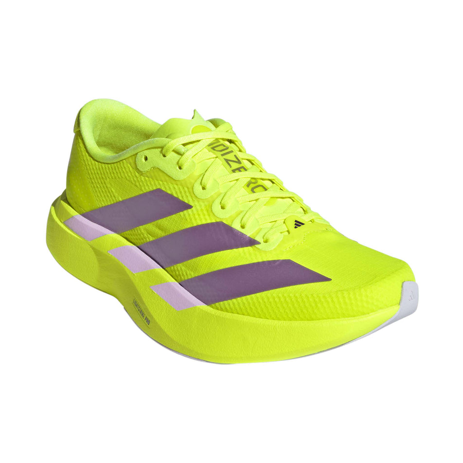 Lateral view of the right shoe from a pair of adidas Women's Adizero EVO SL Woven Running Shoes in the Solar Yellow/Aurora Plum/Powder Plum colourway.