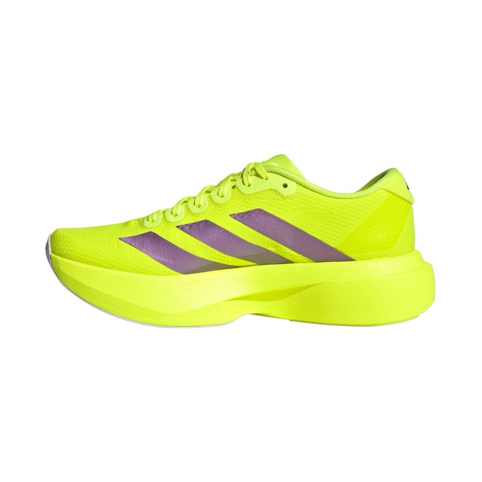 Medial view of the right shoe from a pair of adidas Women's Adizero EVO SL Woven Running Shoes in the Solar Yellow/Aurora Plum/Powder Plum colourway.