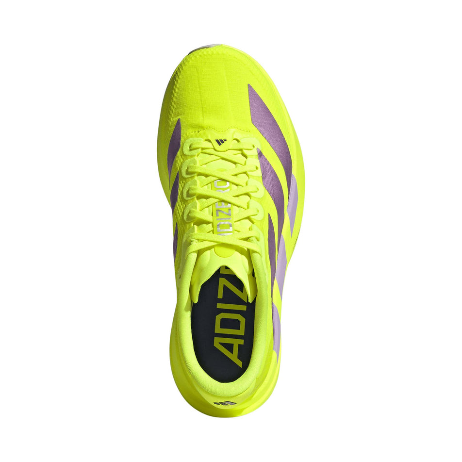 The upper of the right shoe from a pair of adidas Women's Adizero EVO SL Woven Running Shoes in the Solar Yellow/Aurora Plum/Powder Plum colourway.