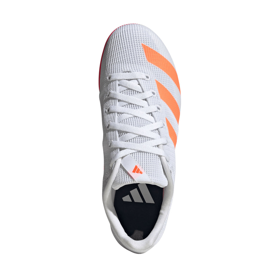 The upper of the right shoe from a pair of adidas Junior-Unisex Allroundstar Running Spikes in the Pure Orange/Core Black/Silver Met. colourway.