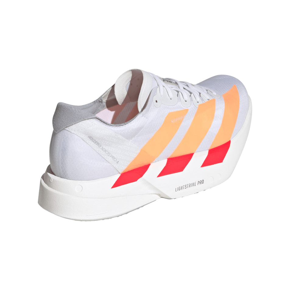 Lateral view of the right shoe from a pair of adidas Women's Adizero Adios Pro 4 Running Shoes in the Ftwr White/Beam Orange/Lucid Red colourway.