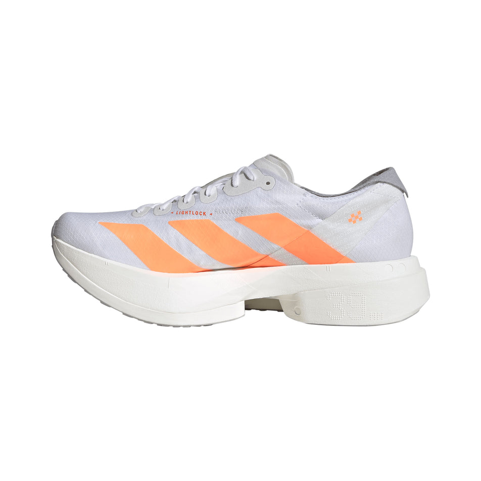 Medial view of the right shoe from a pair of adidas Women's Adizero Adios Pro 4 Running Shoes in the Ftwr White/Beam Orange/Lucid Red colourway.