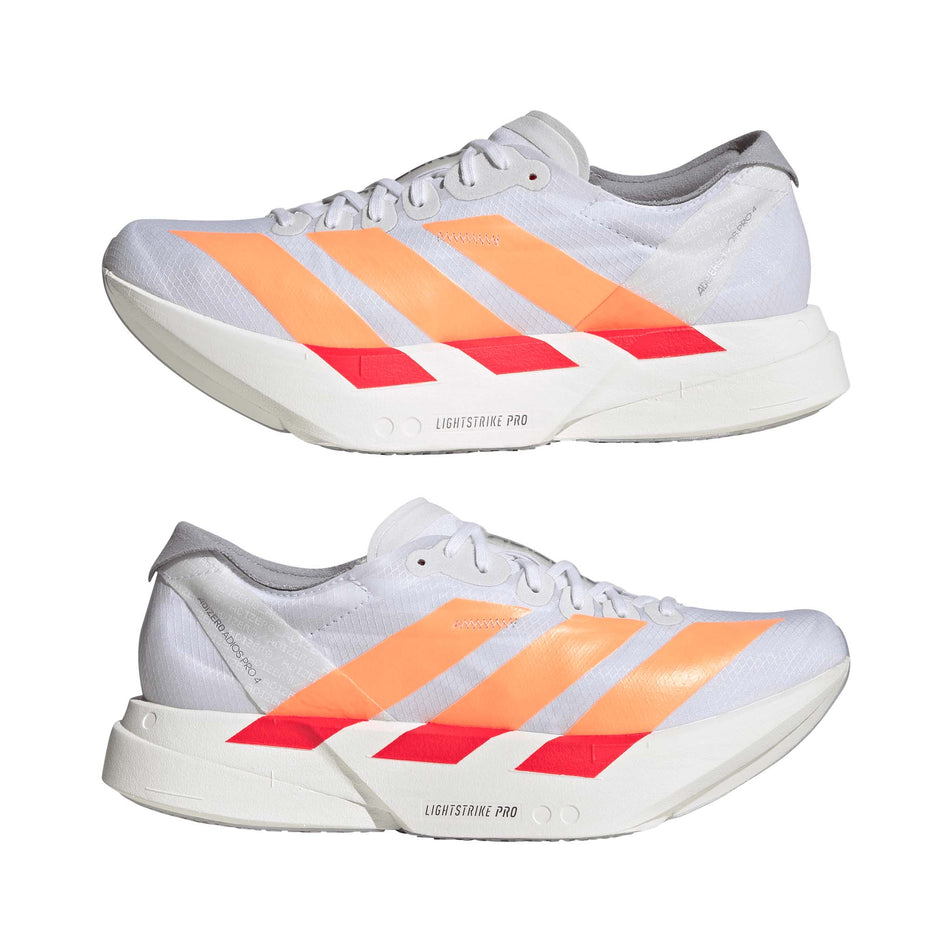 A pair of adidas Women's Adizero Adios Pro 4 Running Shoes in the Ftwr White/Beam Orange/Lucid Red colourway.