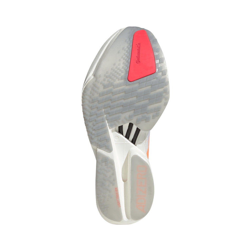 The outsole of the right shoe from a pair of adidas Women's Adizero Adios Pro 4 Running Shoes in the Ftwr White/Beam Orange/Lucid Red colourway.