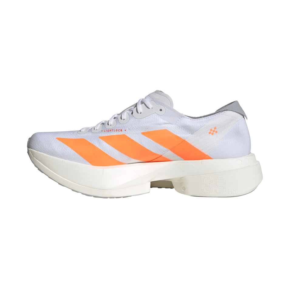 Medial view of the right shoe from a pair of adidas Men's Adizero Adios Pro 4 Running Shoes in the Ftwr White/Lucid Orange/Lucid Red colourway.