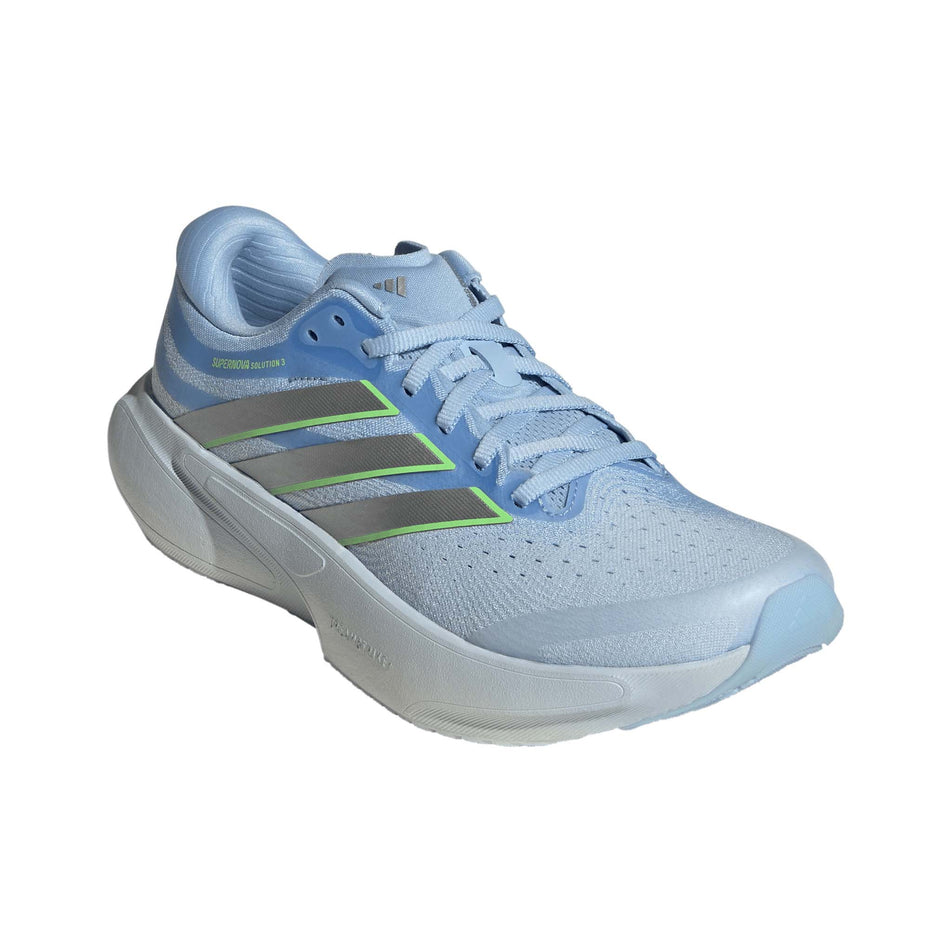 Lateral view of the right shoe from a pair of adidas Women's Supernova Solution 3 Running Shoes in the Crystal Sky/Silver met./Lime Burst colourway.