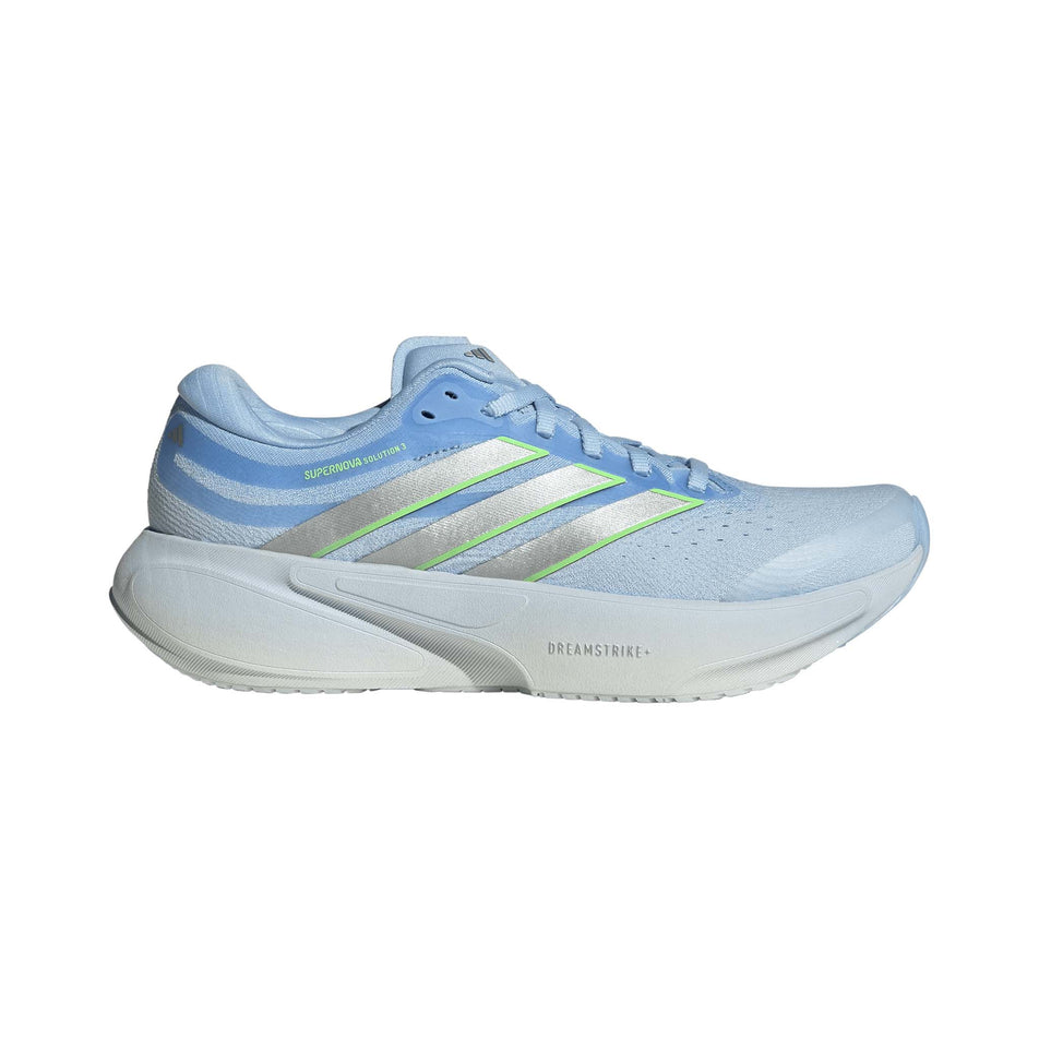 Lateral view of the right shoe from a pair of adidas Women's Supernova Solution 3 Running Shoes in the Crystal Sky/Silver met./Lime Burst colourway. 