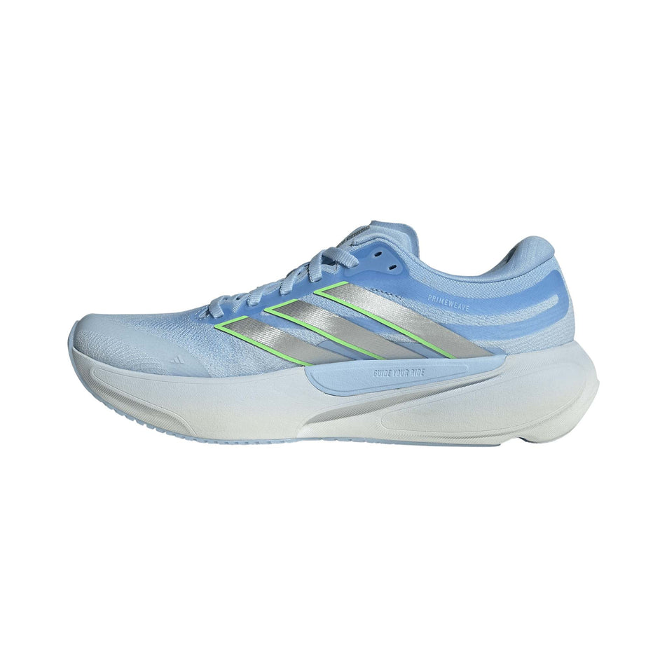 Medial view of the right shoe from a pair of adidas Women's Supernova Solution 3 Running Shoes in the Crystal Sky/Silver met./Lime Burst colourway.