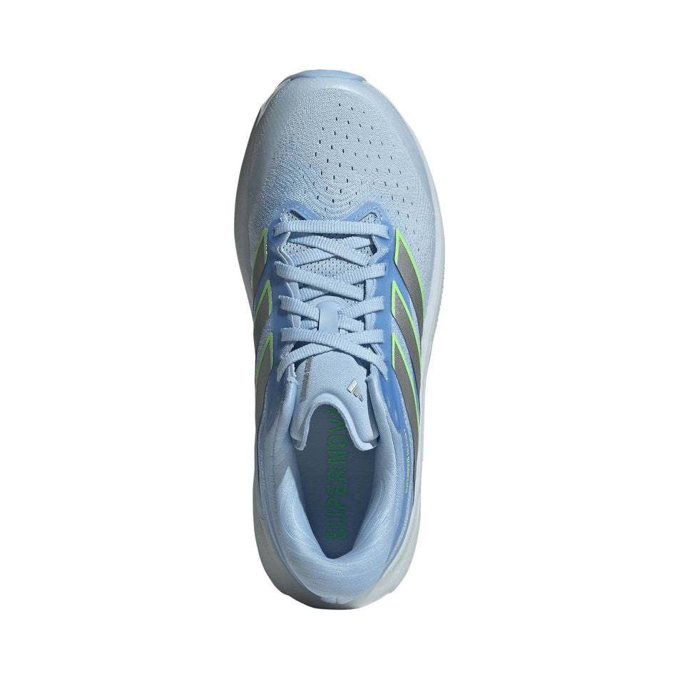 The upper of the right shoe from a pair of adidas Women's Supernova Solution 3 Running Shoes in the Crystal Sky/Silver met./Lime Burst colourway.