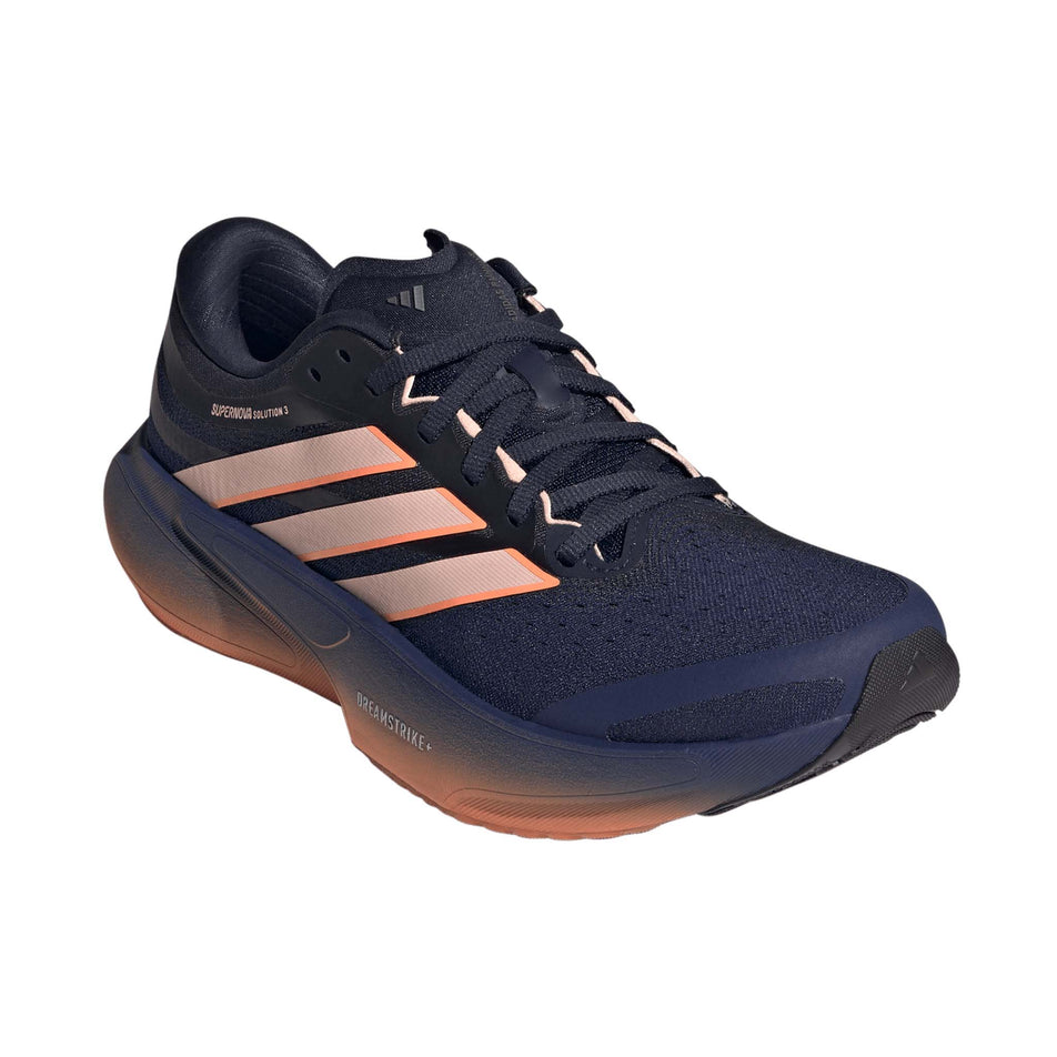 Lateral view of the right shoe from a pair of adidas Women's Supernova Solution 3 Running Shoes in the Dark Blue/Clear Orange/Beam Orange colourway.