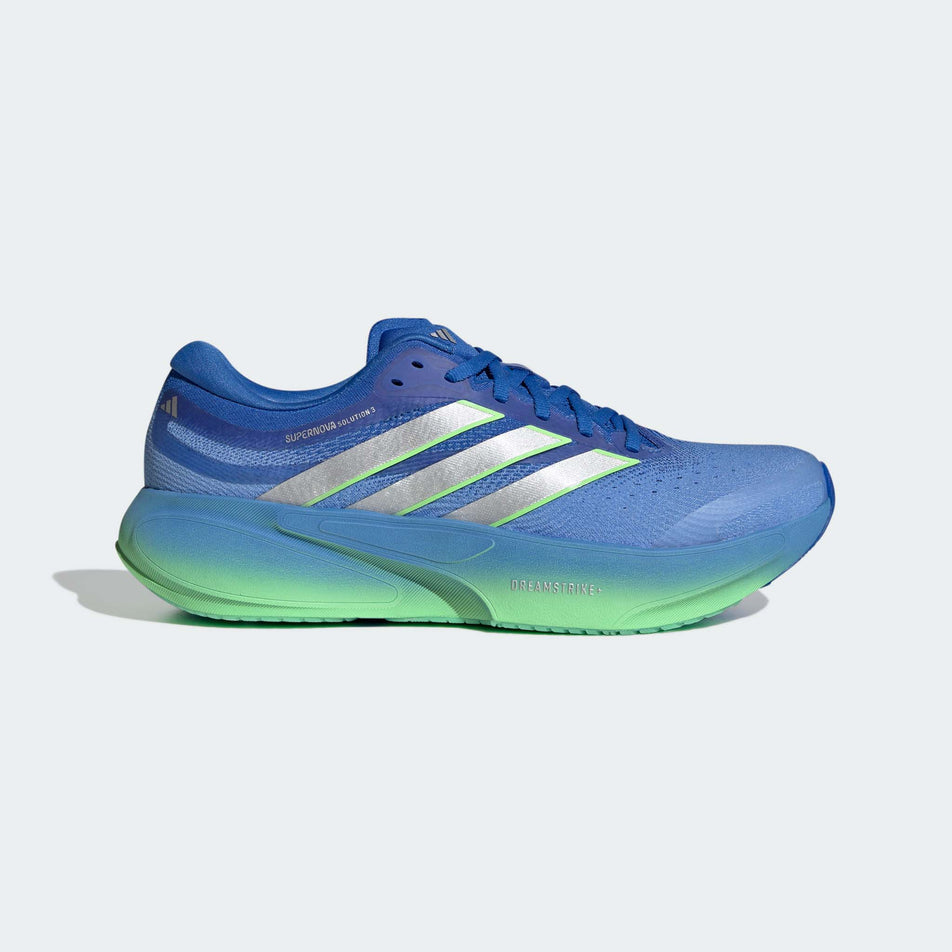 Lateral view of the right shoe from a pair of adidas Men's Supernova Solution 3 Running Shoes in the Lucky Blue/Silver met./Lime Burst colourway.
