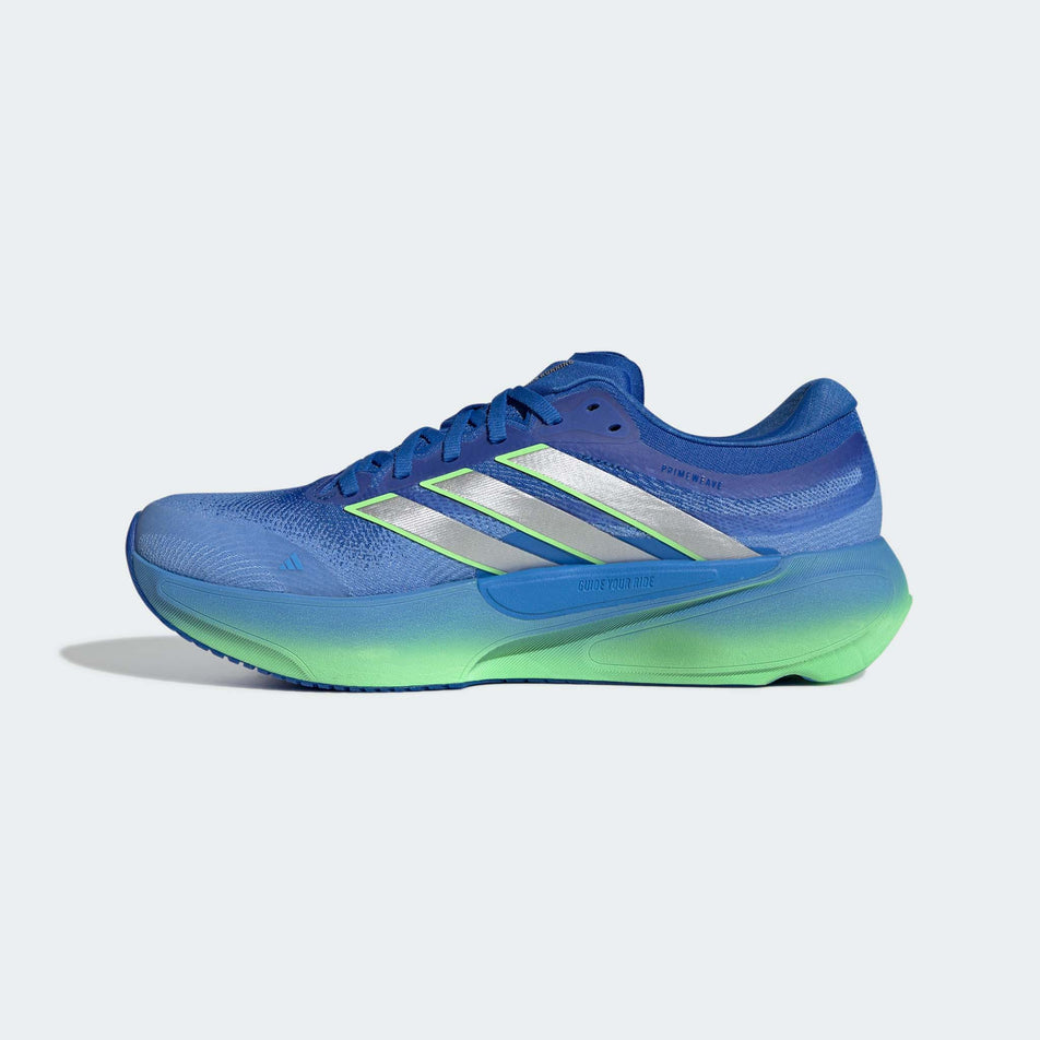 Medial view of the right shoe from a pair of adidas Men's Supernova Solution 3 Running Shoes in the Lucky Blue/Silver met./Lime Burst colourway.