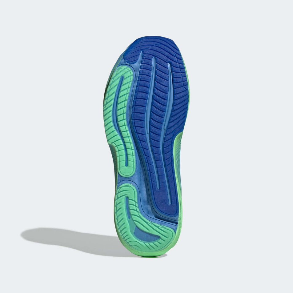 The outsole of the right shoe from a pair of adidas Men's Supernova Solution 3 Running Shoes in the Lucky Blue/Silver met./Lime Burst colourway.