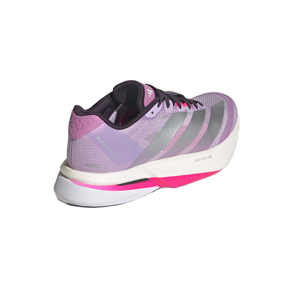 The right shoe from a pair of adidas Women's Adizero Boston 13 Running Shoes in the Powder Plum/Silver Met./Shock Pink colourway. (8746001498274)