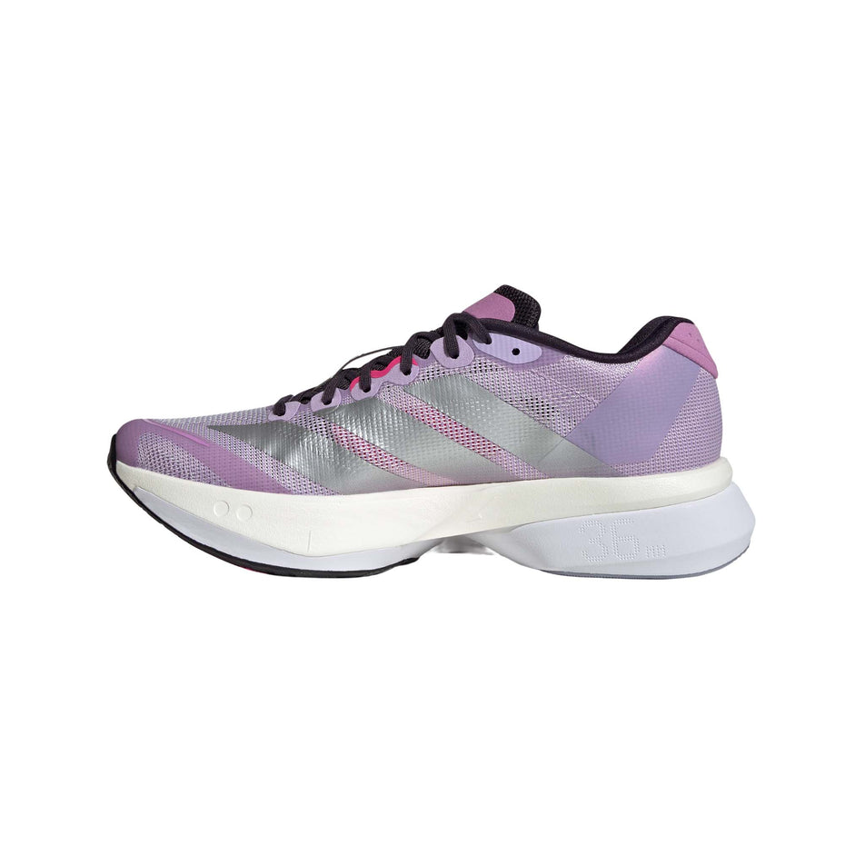 Medial view of the right shoe from a pair of adidas Women's Adizero Boston 13 Running Shoes in the Powder Plum/Silver Met./Shock Pink colourway. (8746001498274)