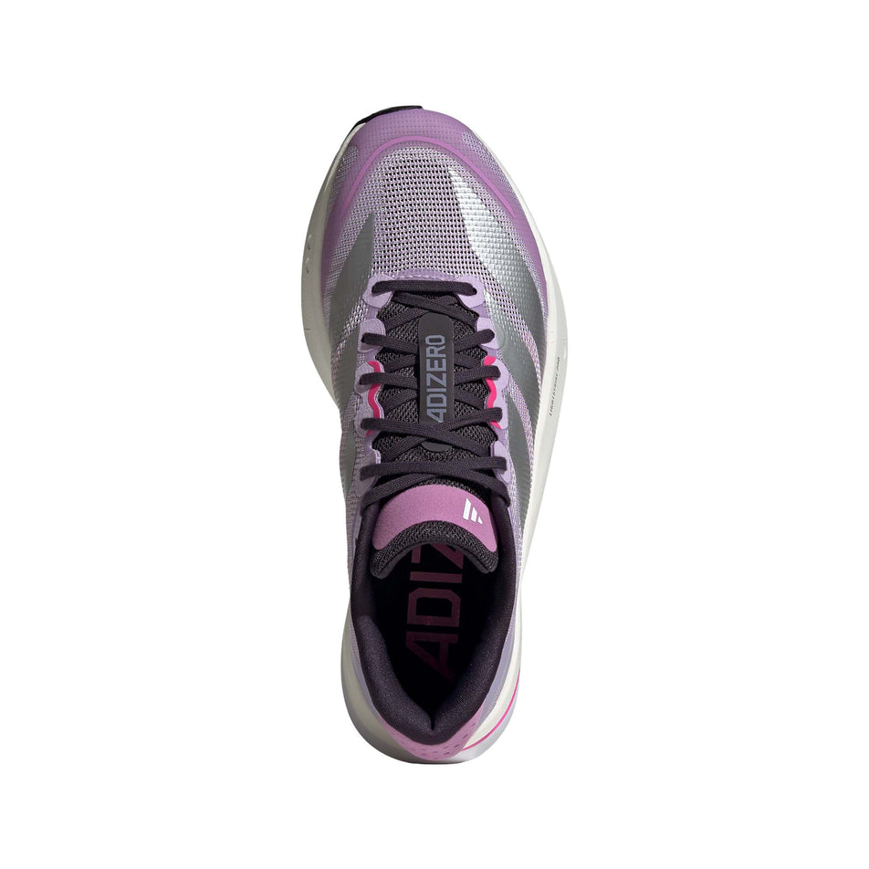 The upper of the right shoe from a pair of adidas Women's Adizero Boston 13 Running Shoes in the Powder Plum/Silver Met./Shock Pink colourway. (8746001498274)
