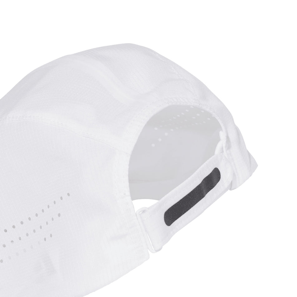 Back view of the adidas Unisex Run x Adizero Cap in the White/Black Reflective colourway.(8679845789858)