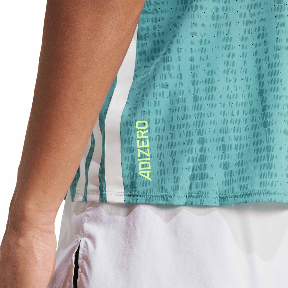 The Adizero branding on the adidas Men's Adizero Singlet in the Powder Teal/Preloved Teal colourway. (8663045603490)