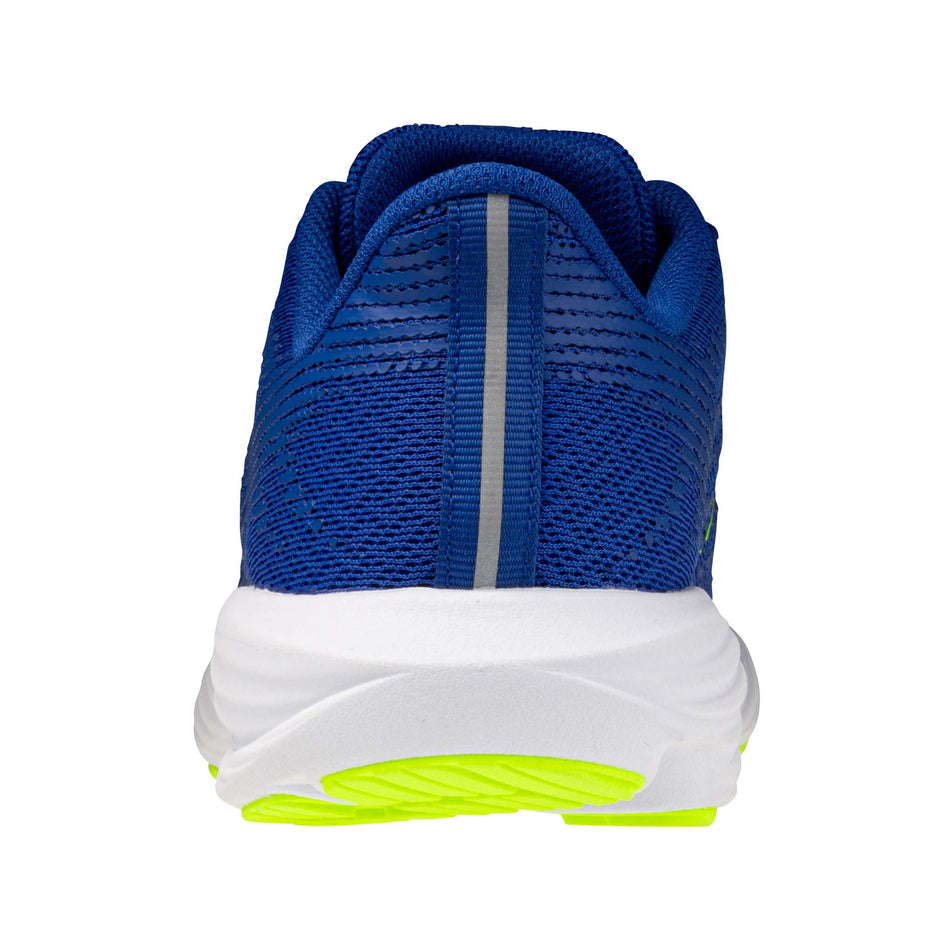 The back of the left shoe from a pair of Mizuno Enerzy Rider Junior Running Shoes in the Surf the Web/Lighting Yellow colourway.