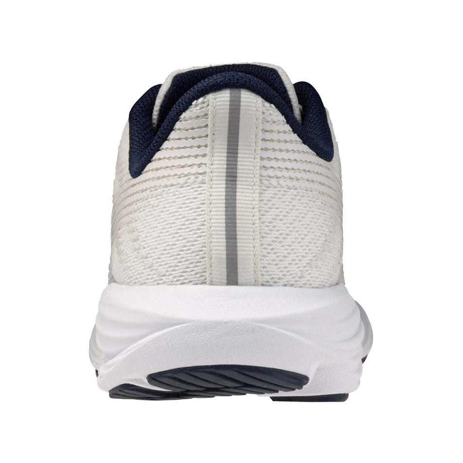 The back of the left shoe from a pair of Mizuno Enerzy Rider JR Running Shoes in the GF White/Dress Blues colourway.