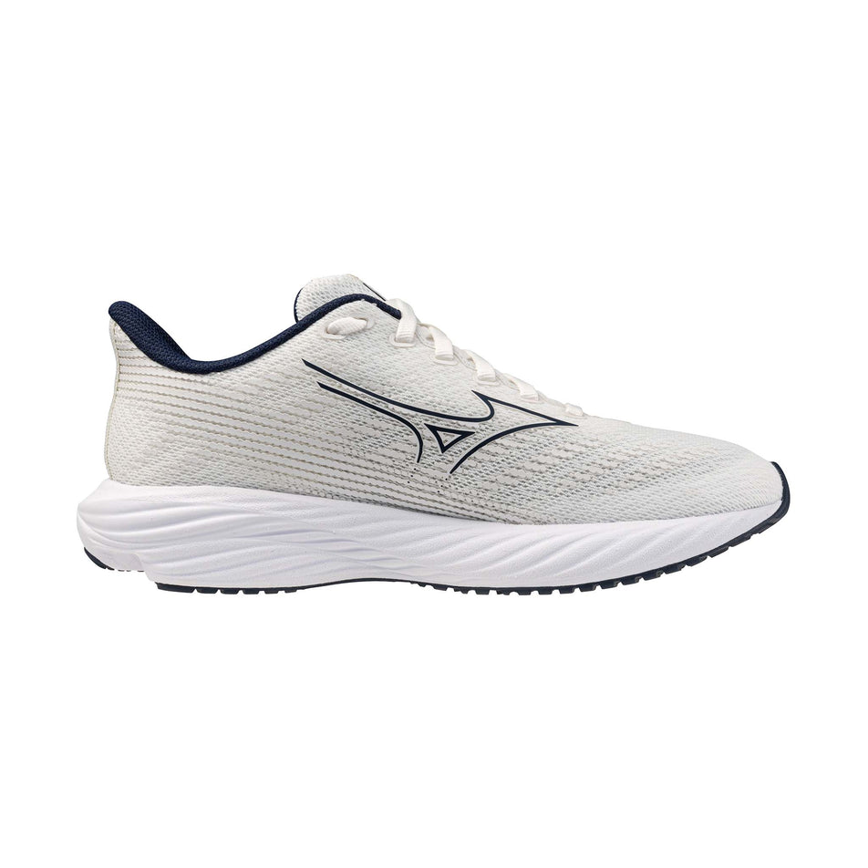 Medial view of the left shoe from a pair of Mizuno Enerzy Rider JR Running Shoes in the GF White/Dress Blues colourway.