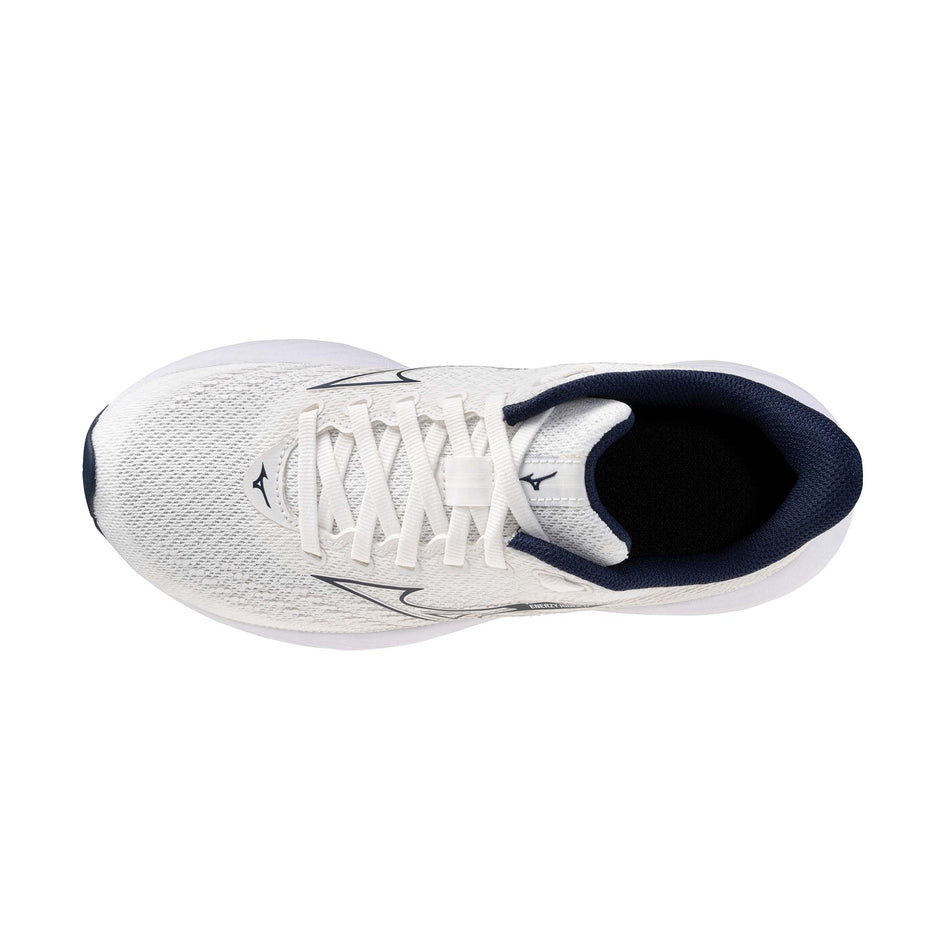 The upper of the left shoe from a pair of Mizuno Enerzy Rider JR Running Shoes in the GF White/Dress Blues colourway.