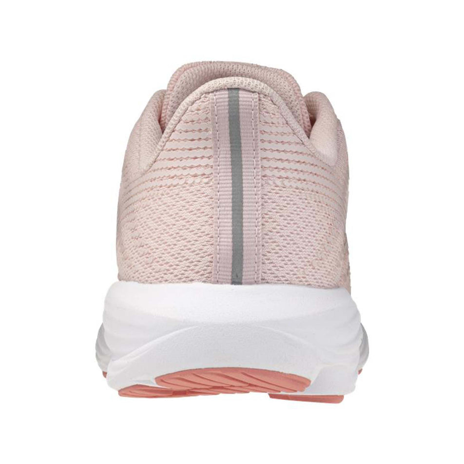 The back of the left shoe from a pair of Mizuno Enerzy Rider Junior Running Shoes in the Pinkesque/Silver colourway.
