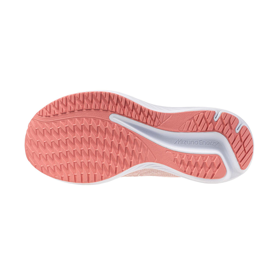 The outsole of the left shoe from a pair of Mizuno Enerzy Rider Junior Running Shoes in the Pinkesque/Silver colourway.