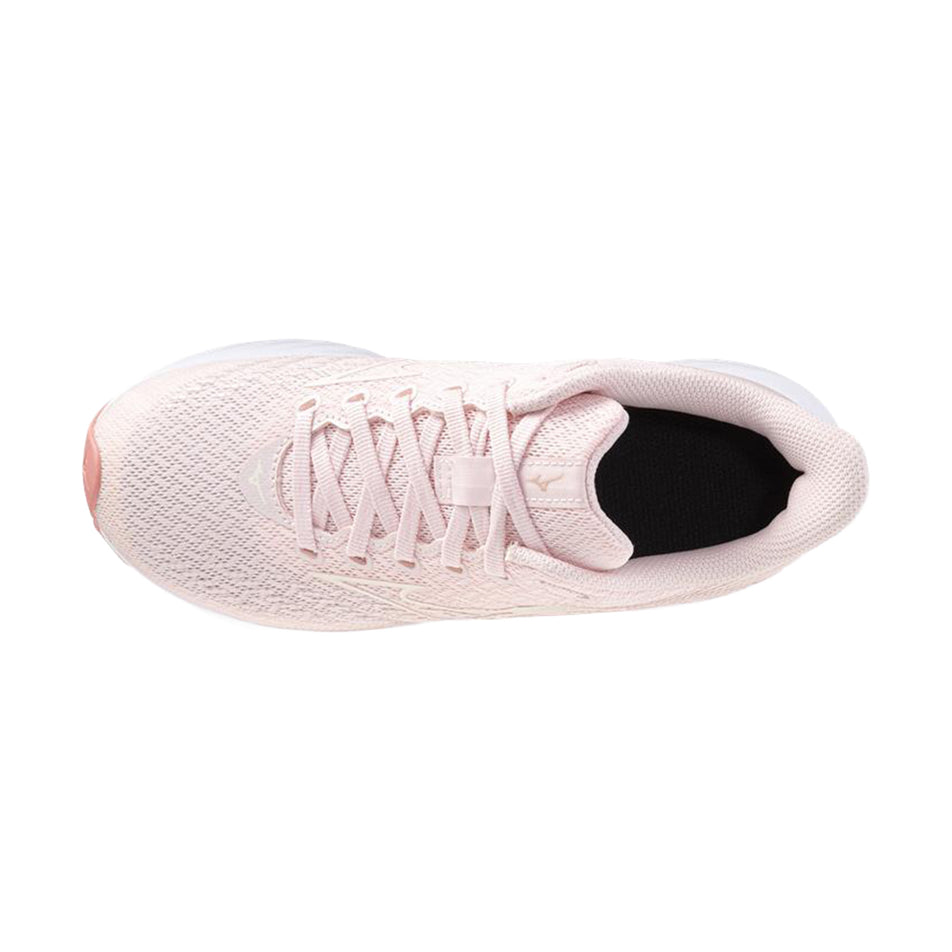 The upper of the left shoe from a pair of Mizuno Enerzy Rider Junior Running Shoes in the Pinkesque/Silver colourway.