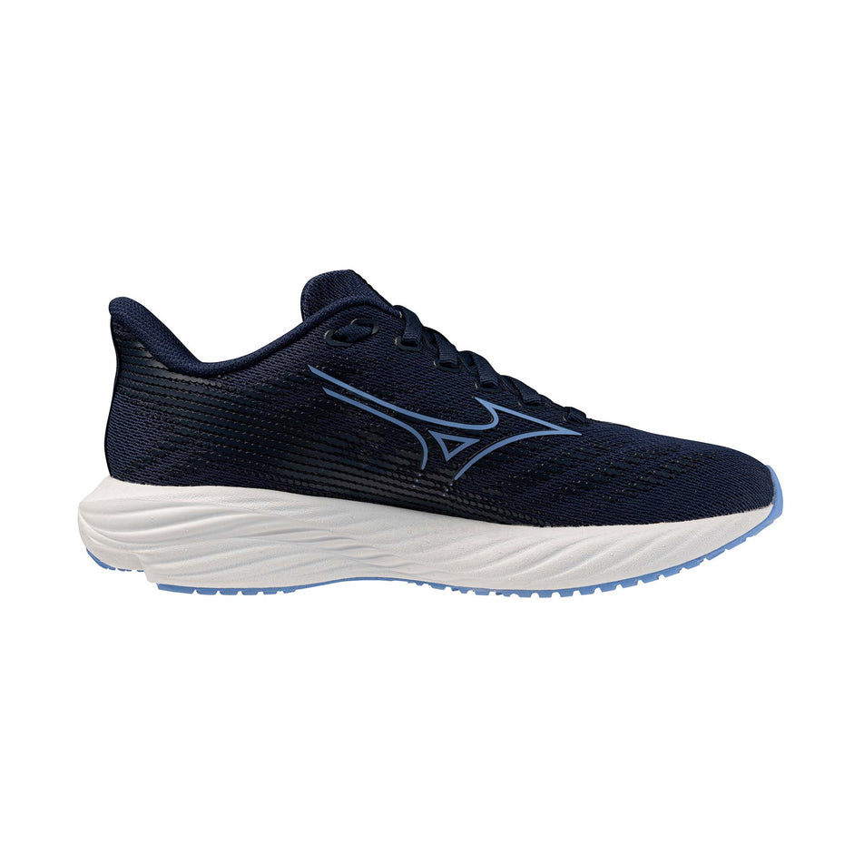 Medial view of the left shoe from a pair of Mizuno Enerzy Rider JR Running Shoes in the Dress Blues/Cornflower Blue/Cloudscape colourway.