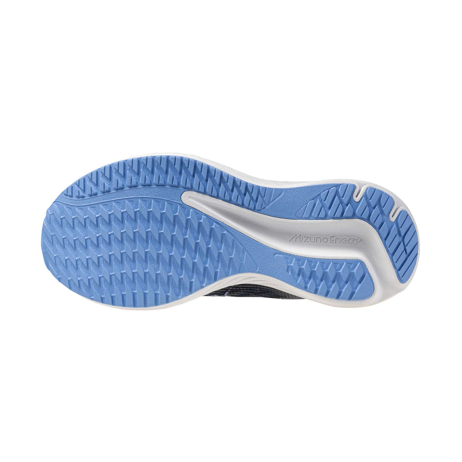 The outsole of the left shoe from a pair of Mizuno Enerzy Rider JR Running Shoes in the Dress Blues/Cornflower Blue/Cloudscape colourway.