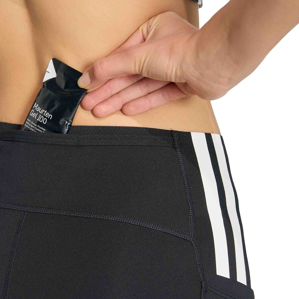 The drop-in stash pocket on the back of the adidas Women's Adizero Short Leggings in the Black colourway.