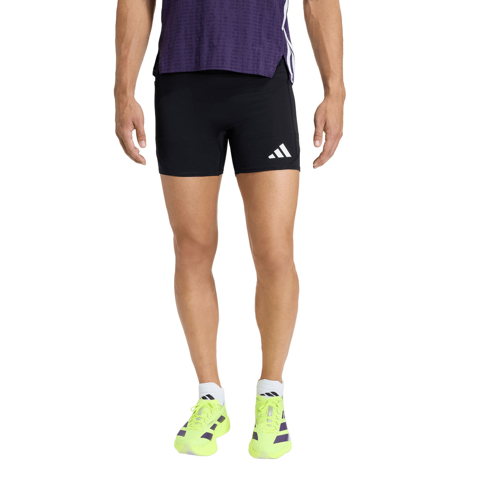 Front view of a model wearing the adidas Men's Adizero Running Short Pocket Tights in the Black colourway.