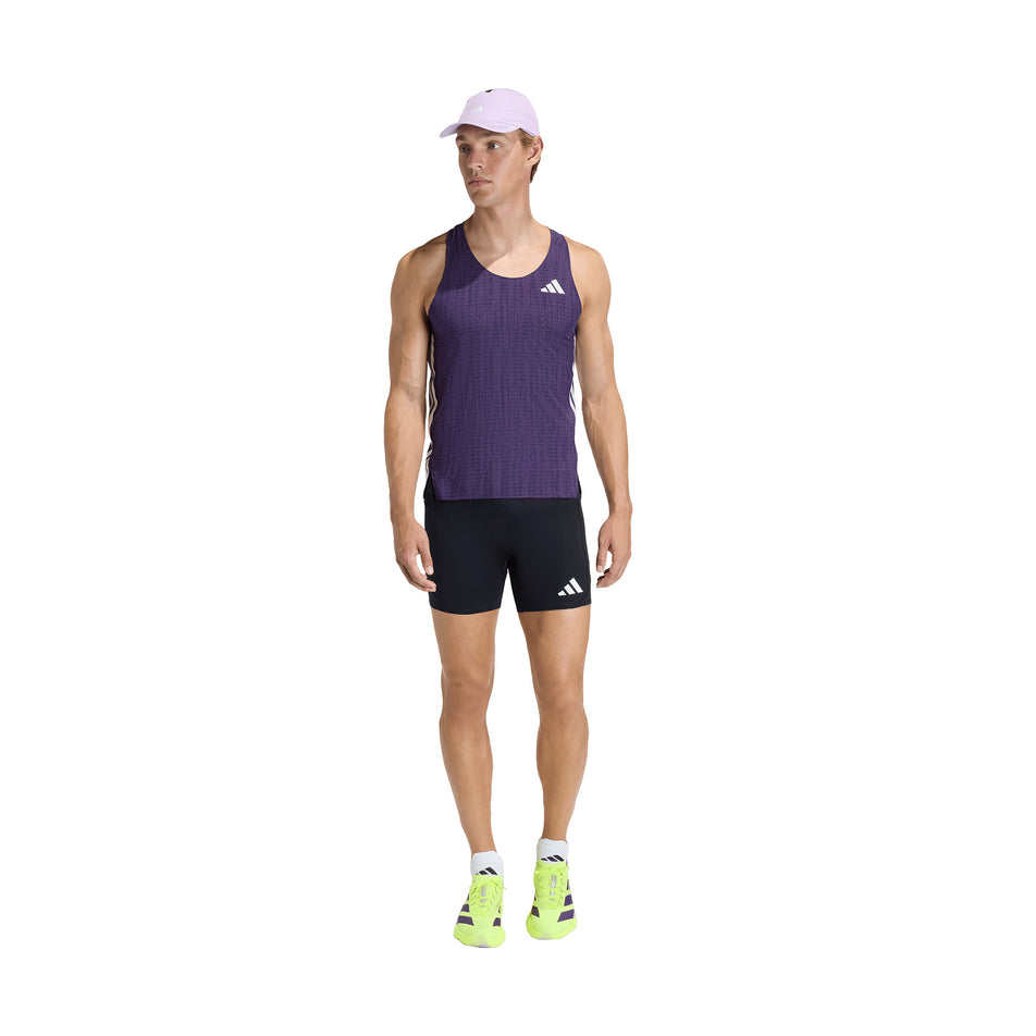 Front view of a model wearing the adidas Men's Adizero Running Short Pocket Tights in the Black colourway.