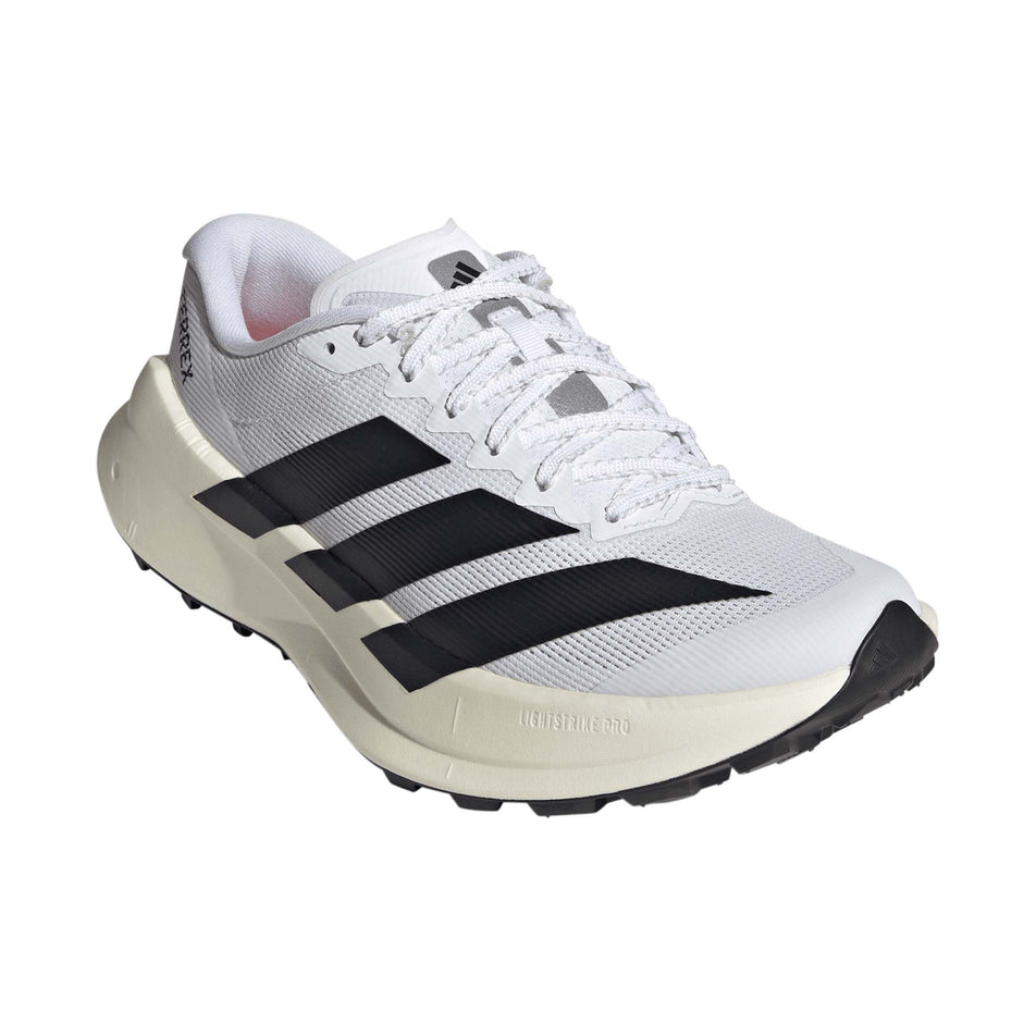Lateral view of the right shoe from a pair of adidas Women's Terrex Agravic SL Running Shoes in the Ftwr White/Core Black/Ftwr White colourway.