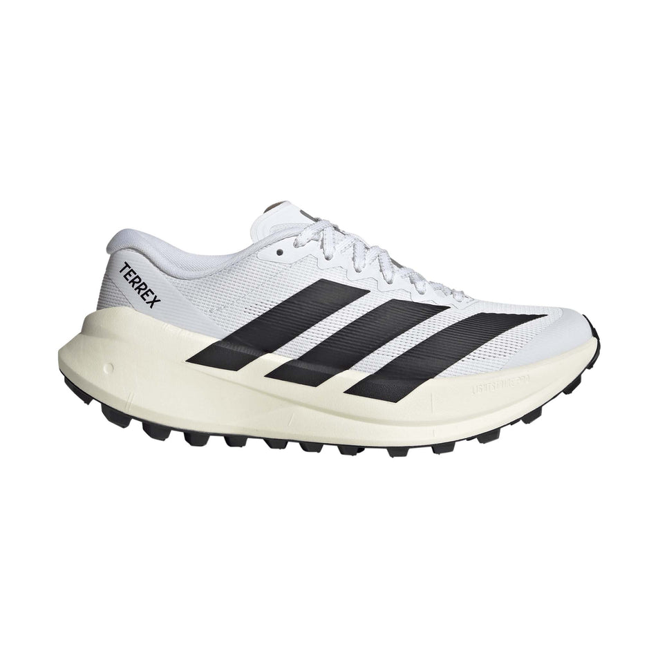 Lateral view of the right shoe from a pair of adidas Women's Terrex Agravic SL Running Shoes in the Ftwr White/Core Black/Ftwr White colourway.