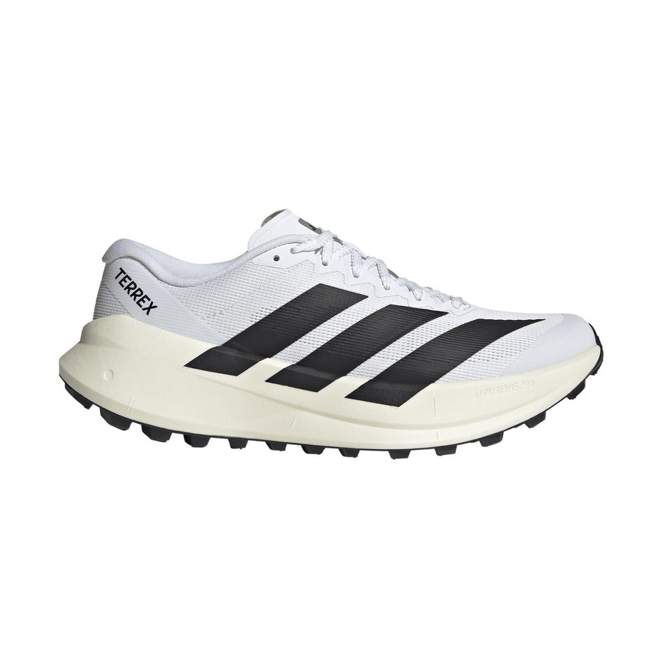Lateral view of the right shoe from a pair of adidas Men's Terrex Agravic SL Running Shoes in the Ftwr White/Core Black/Ftwr White colourway.