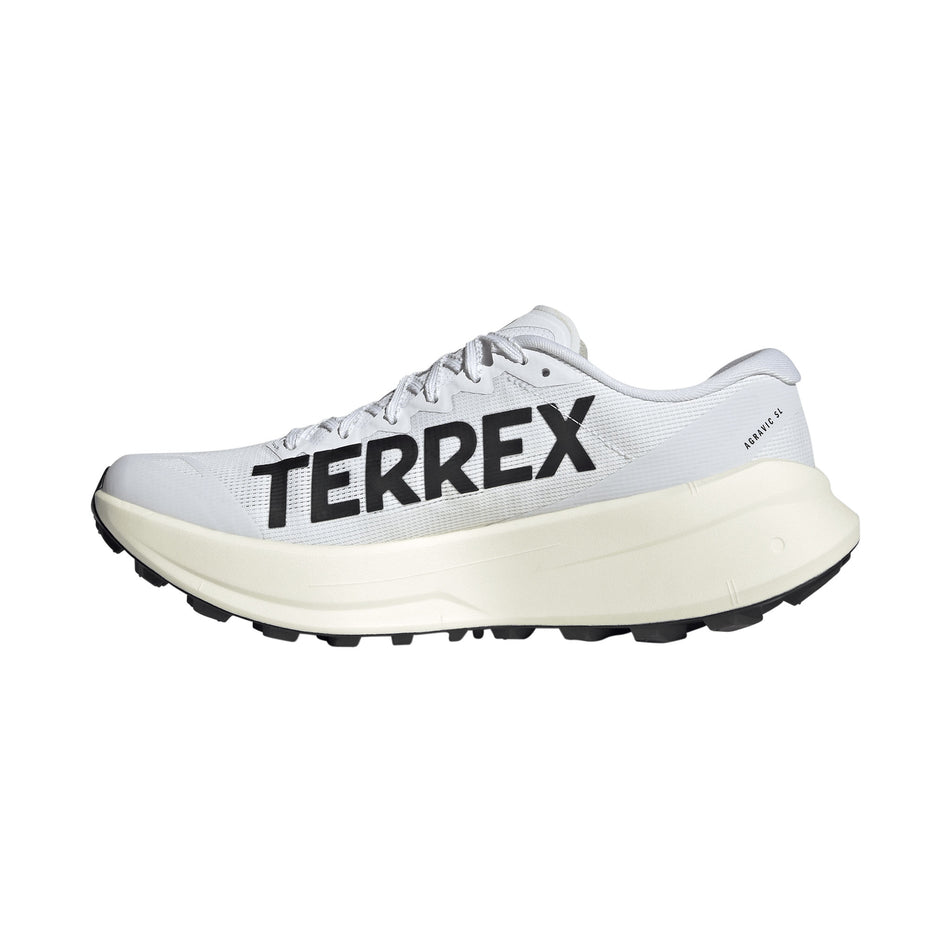 Medial view of the right shoe from a pair of adidas Men's Terrex Agravic SL Running Shoes in the Ftwr White/Core Black/Ftwr White colourway.