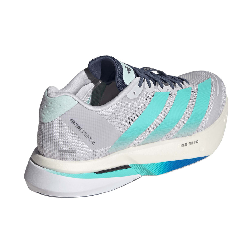 Lateral view of the right shoe from a pair of adidas Men's Adizero Boston 13 Running Shoes in the Dash Grey/Flash Aqua/Halo Mint colourway.