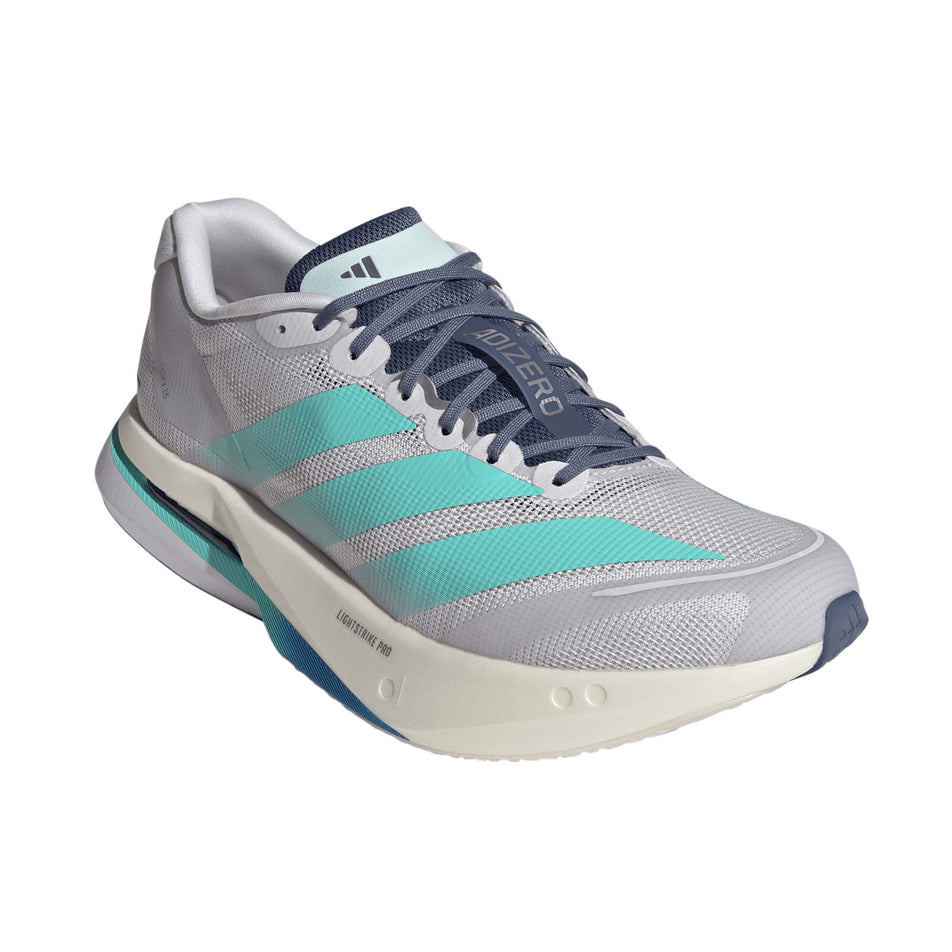 Lateral view of the right shoe from a pair of adidas Men's Adizero Boston 13 Running Shoes in the Dash Grey/Flash Aqua/Halo Mint colourway.