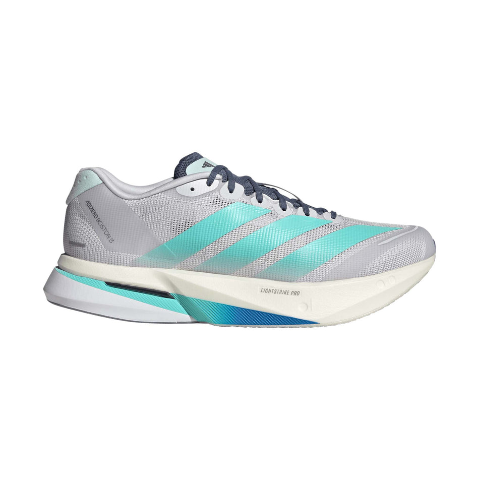 Lateral view of the right shoe from a pair of adidas Men's Adizero Boston 13 Running Shoes in the Dash Grey/Flash Aqua/Halo Mint colourway.