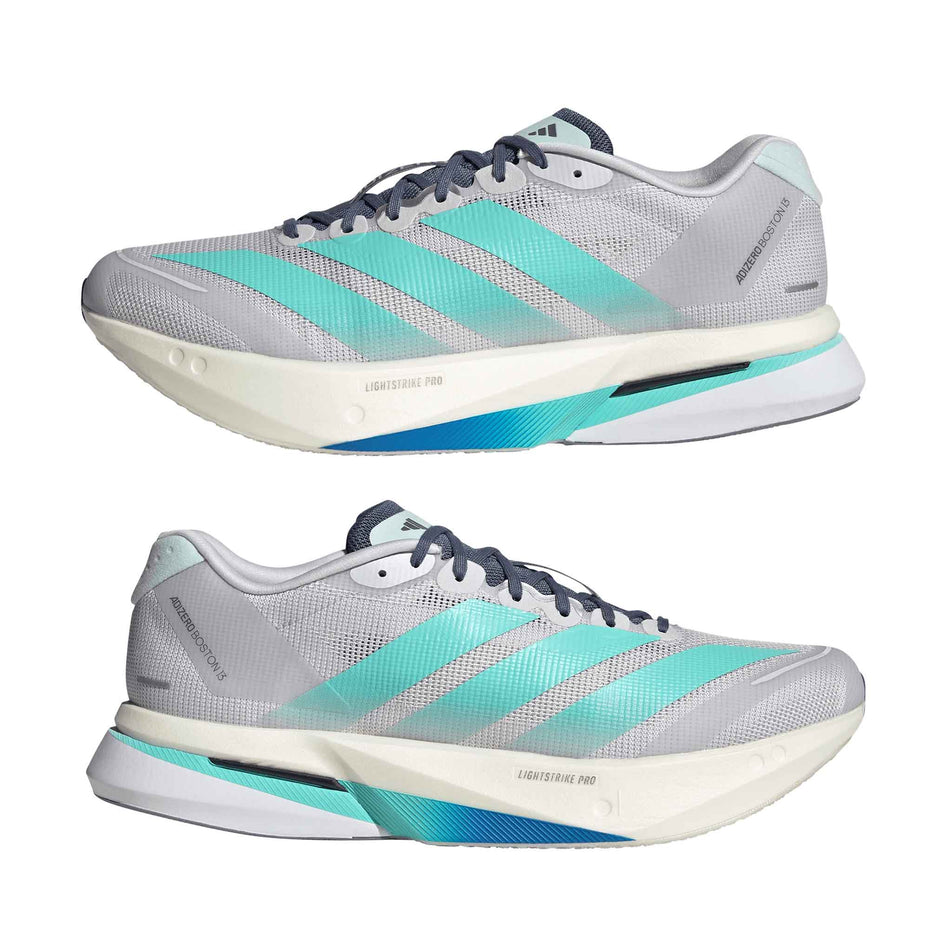 A pair of adidas Men's Adizero Boston 13 Running Shoes in the Dash Grey/Flash Aqua/Halo Mint colourway.