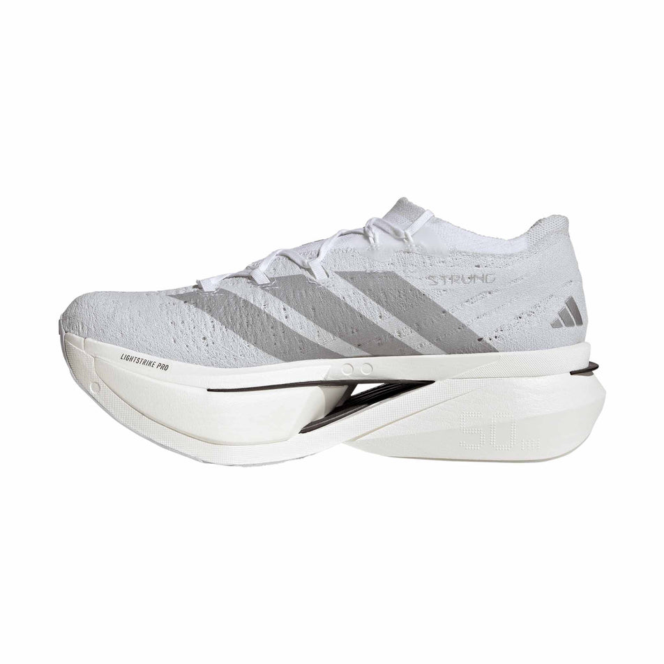 Medial view of the right shoe from a pair of adidas Unisex Adizero Prime X3 Strung Running Shoes in the Ftwr White/Dash Grey/Grey Three colourway.