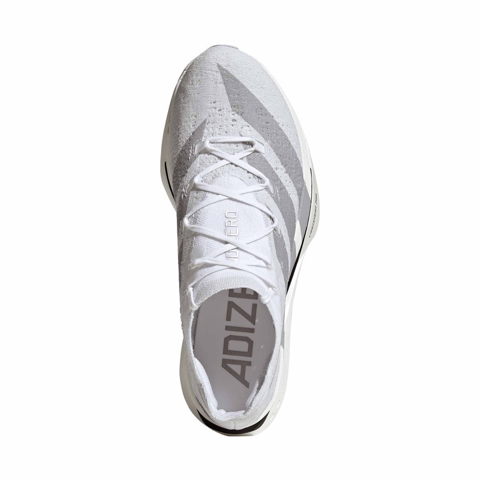 The upper of the right shoe from a pair of adidas Unisex Adizero Prime X3 Strung Running Shoes in the Ftwr White/Dash Grey/Grey Three colourway.