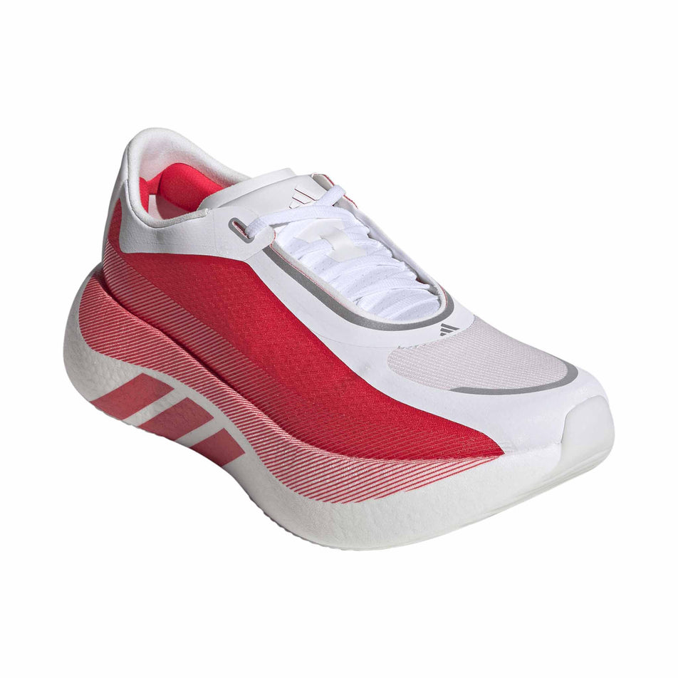 Lateral view of the right shoe from a pair of adidas Men's Hyperboost Edge Running Shoes in the Ftwr White/Pure Ruby/Zero Met. colourway.