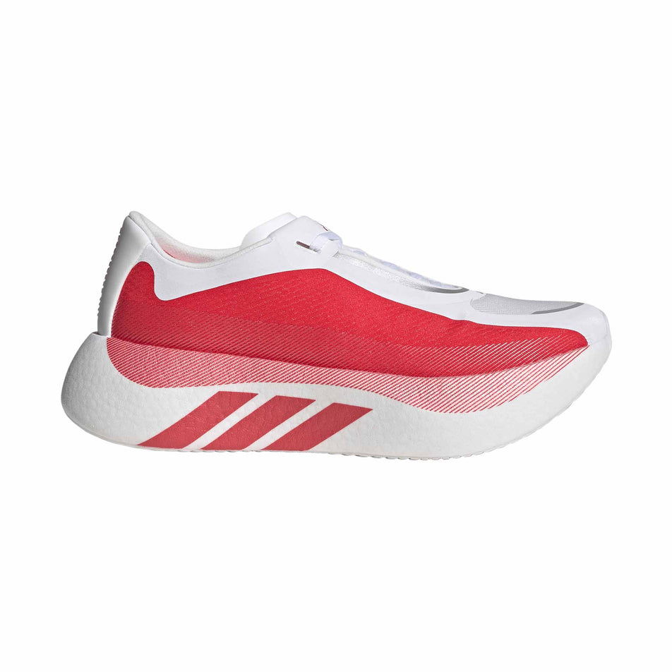 Lateral view of the right shoe from a pair of adidas Men's Hyperboost Edge Running Shoes in the Ftwr White/Pure Ruby/Zero Met. colourway.