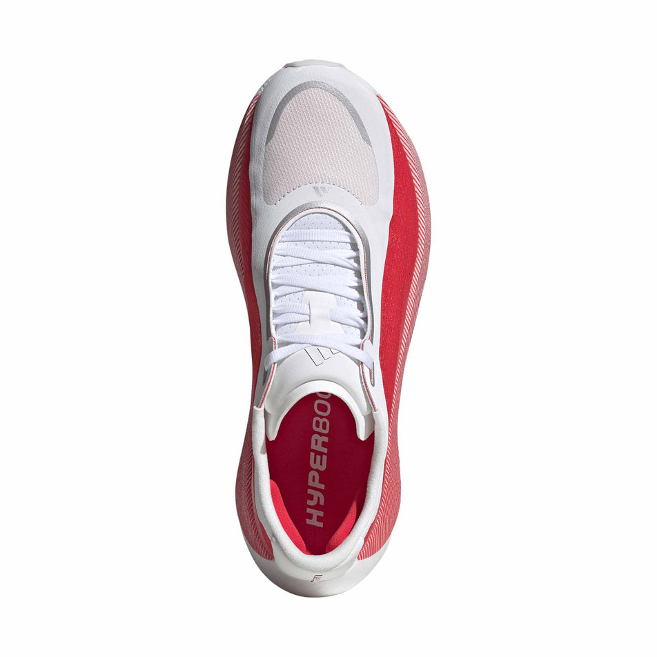 The upper of the right shoe from a pair of adidas Men's Hyperboost Edge Running Shoes in the Ftwr White/Pure Ruby/Zero Met. colourway.